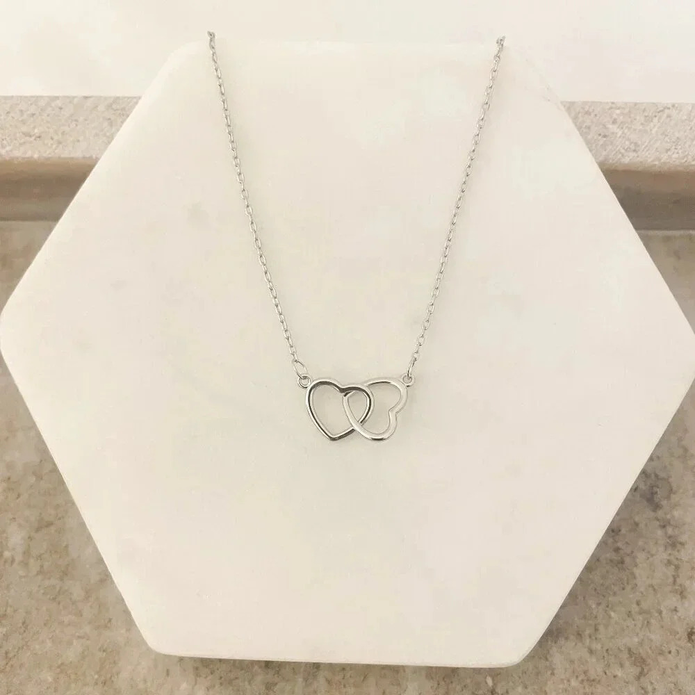 925 Sterling Silver Double Heart Linked Necklace Interlocking Hearts Necklace - Picture 4 of 15